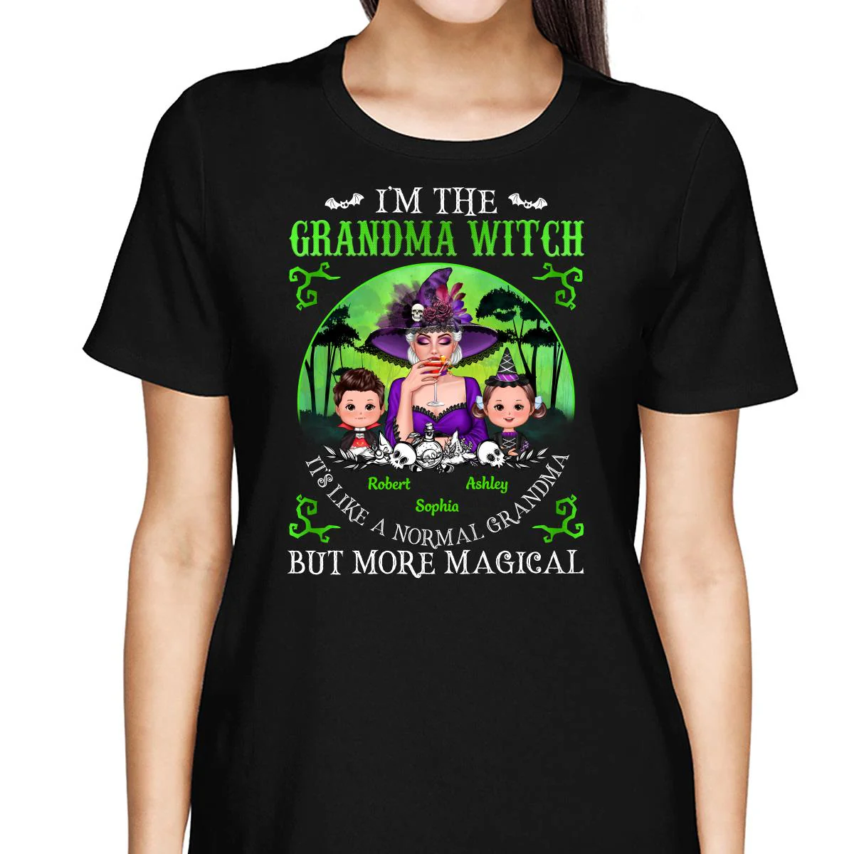 Grandma Mom Witch Neon Green Moon Halloween Personalized Shirt - Image 2