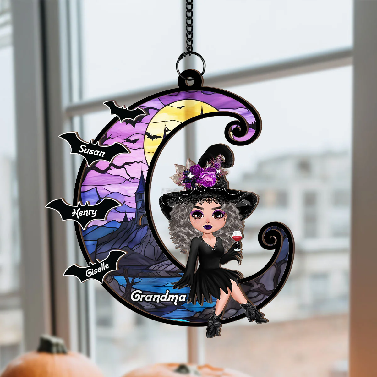 Grandma Mom Witch On Moon Personalized Suncatcher, Halloween Decor - Image 3