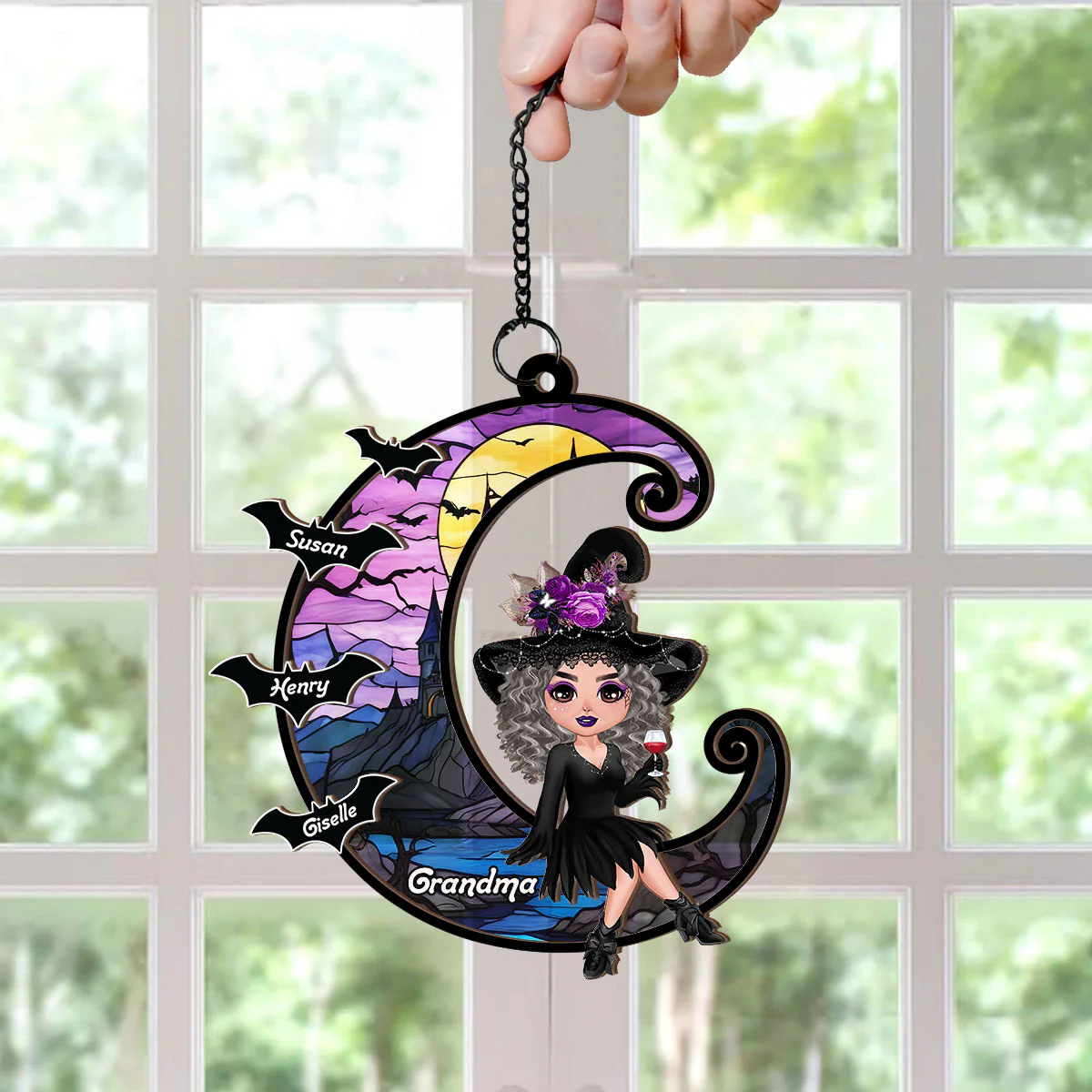 Grandma Mom Witch On Moon Personalized Suncatcher, Halloween Decor - Image 4