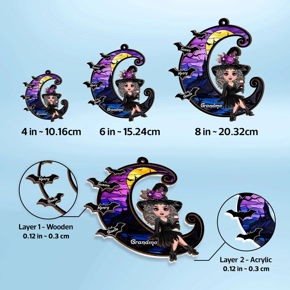 Grandma Mom Witch On Moon Personalized Suncatcher, Halloween Decor - Image 7