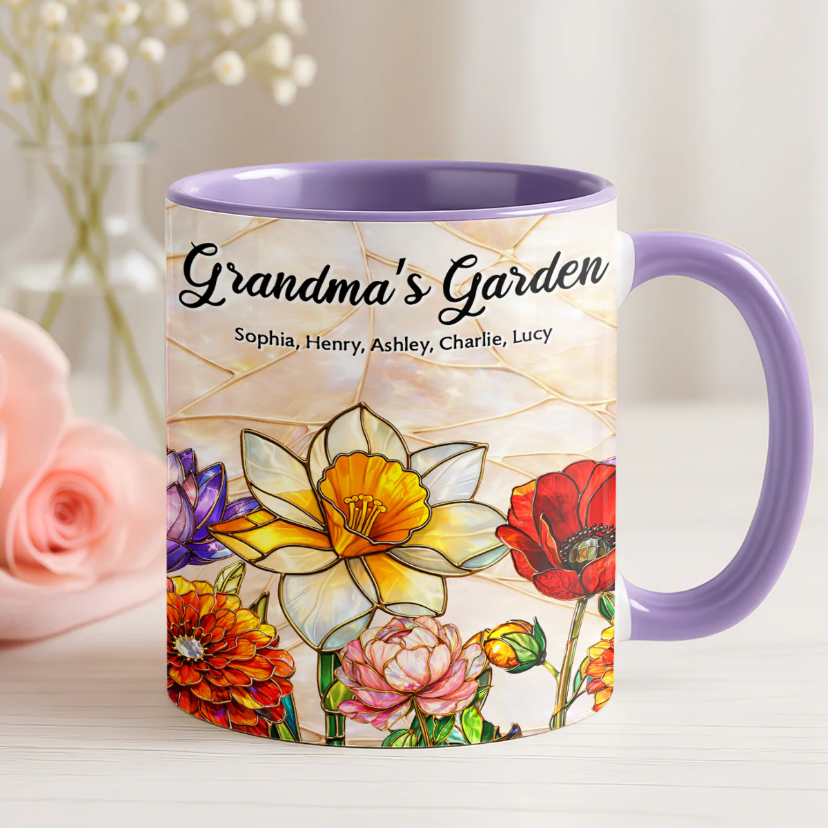 Grandma Mom's Garden Faux 3D Stained Glass Effect - Personalized Mug - Heartfelt Mother's Day Gift for Mom, Grandma, Wife