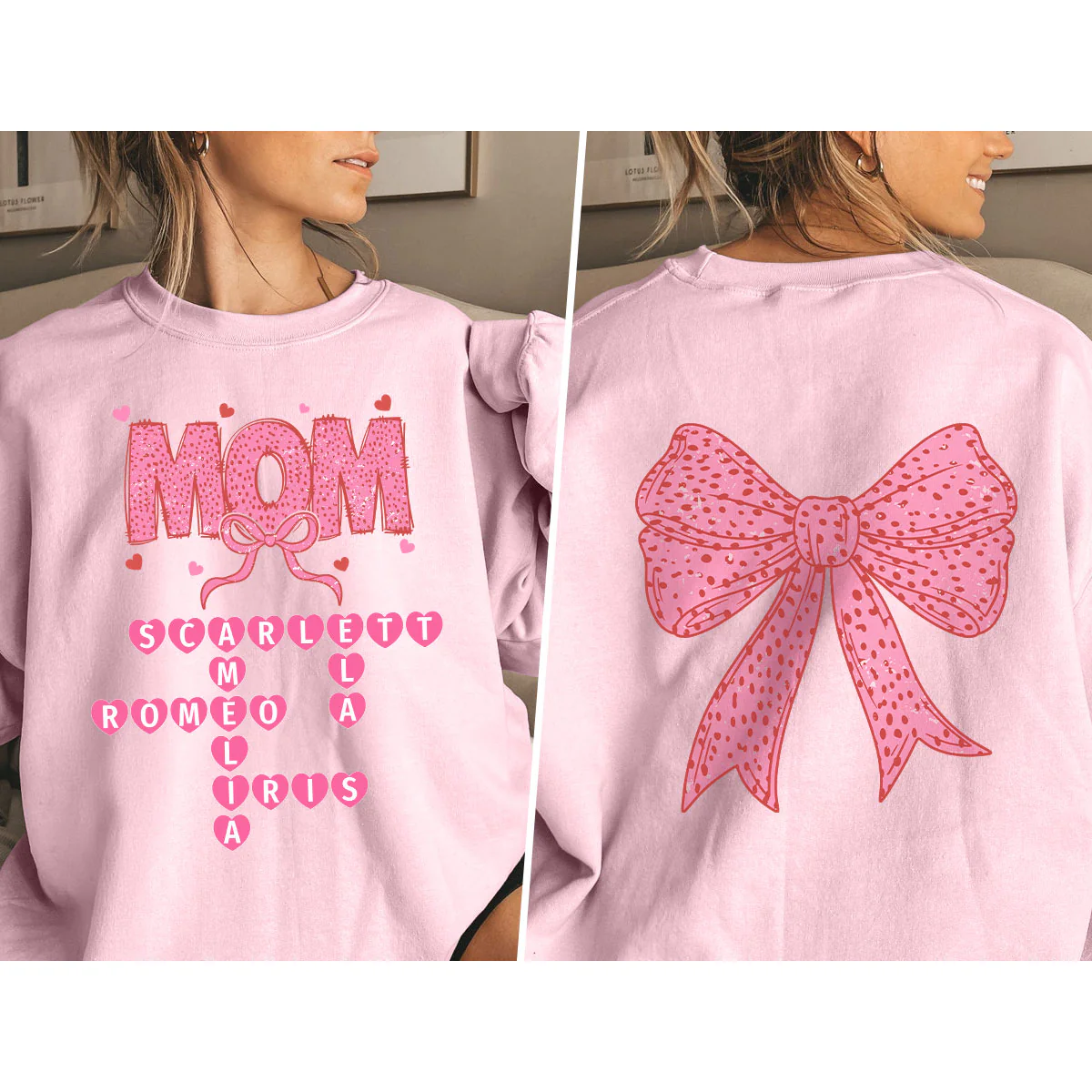 Grandma Nana Mimi Pink Coquette Crossword Puzzle Gift Personalized Double Sided Sweatshirt - Image 5