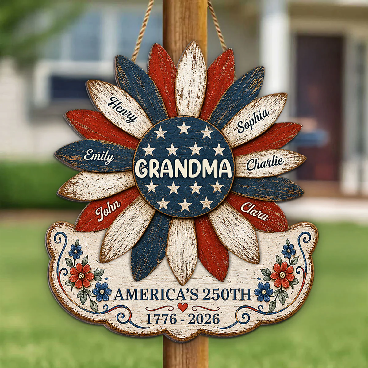 Grandma Nation Flag Sunflower America 250th Anniversary - Personalized Wood Sign - 250 Years Of Freedom, Patriotic Decoration - Image 2