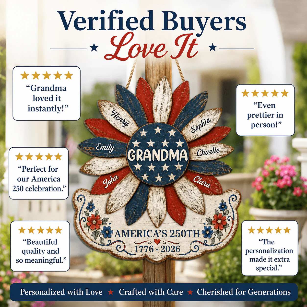 Grandma Nation Flag Sunflower America 250th Anniversary - Personalized Wood Sign - 250 Years Of Freedom, Patriotic Decoration - Image 4