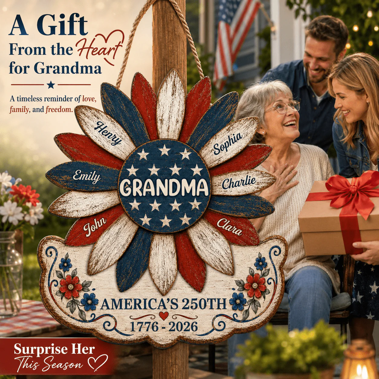 Grandma Nation Flag Sunflower America 250th Anniversary - Personalized Wood Sign - 250 Years Of Freedom, Patriotic Decoration - Image 5