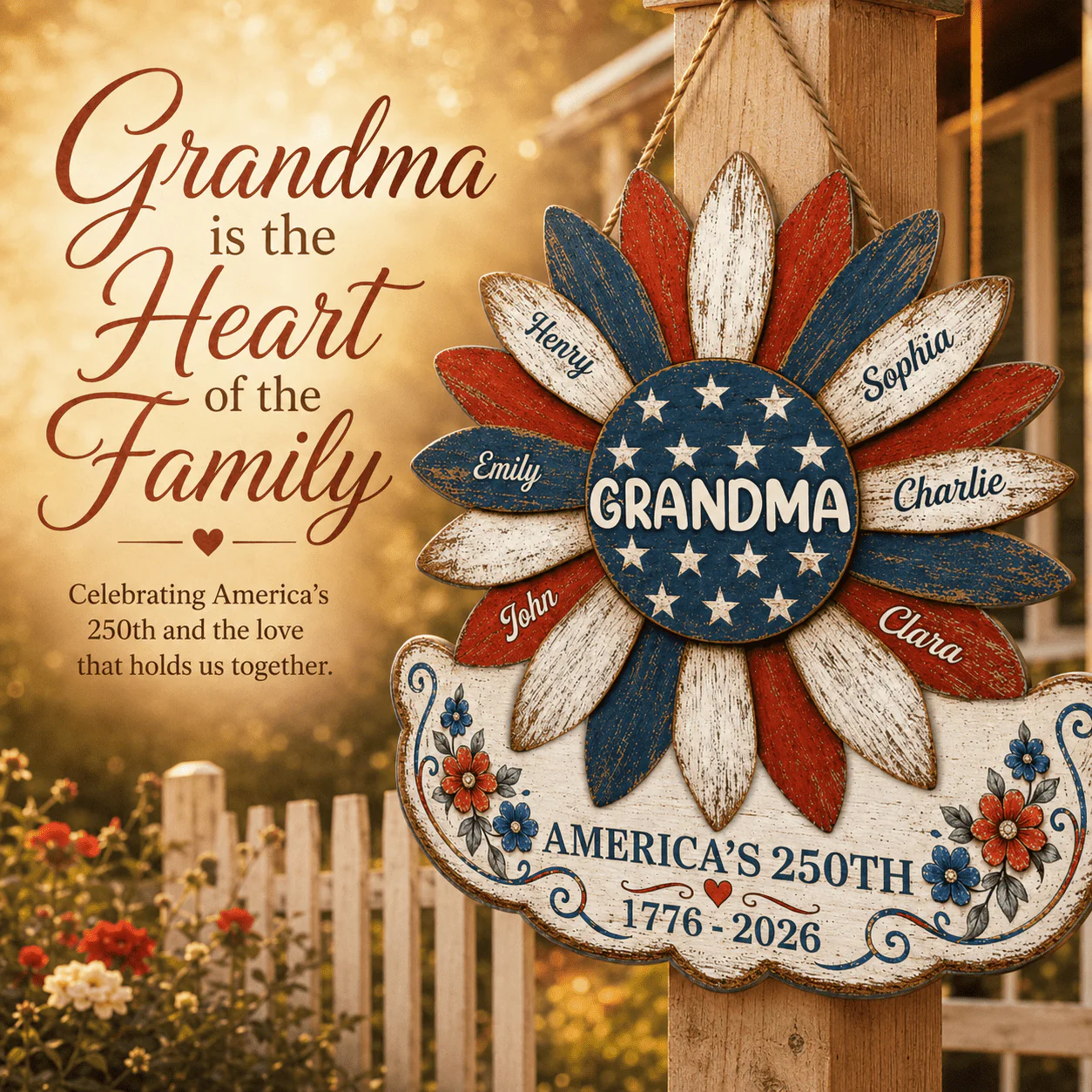Grandma Nation Flag Sunflower America 250th Anniversary - Personalized Wood Sign - 250 Years Of Freedom, Patriotic Decoration - Image 6
