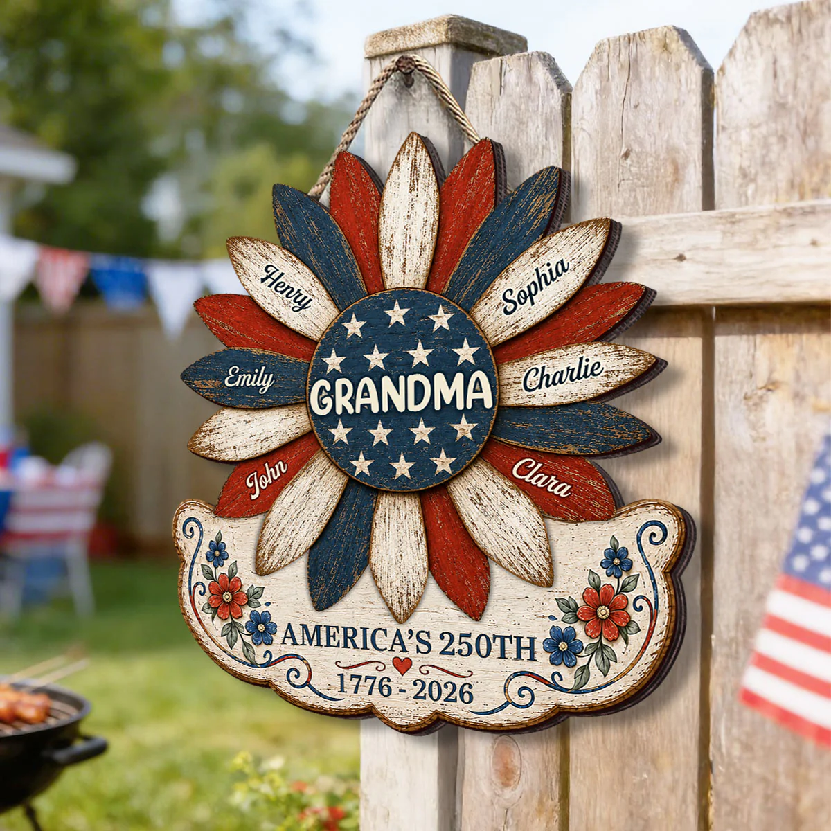 Grandma Nation Flag Sunflower America 250th Anniversary - Personalized Wood Sign - 250 Years Of Freedom, Patriotic Decoration - Image 7