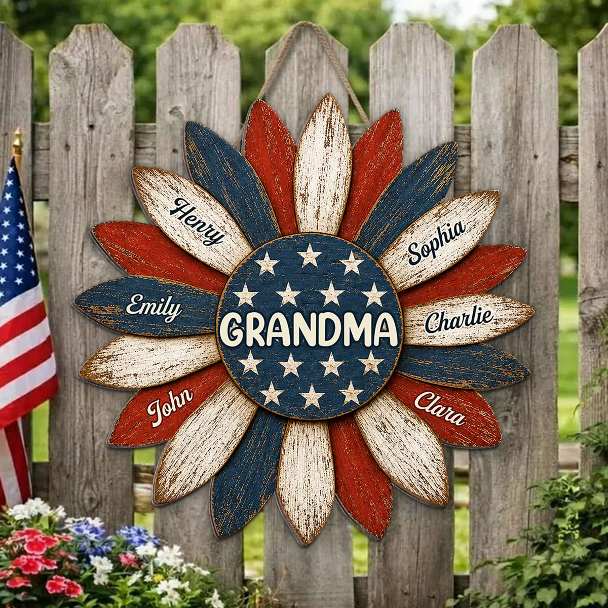 Grandma Nation Flag Sunflower America 250th Anniversary - Personalized Wood Sign - 250 Years Of Freedom, Patriotic Decoration - Image 3