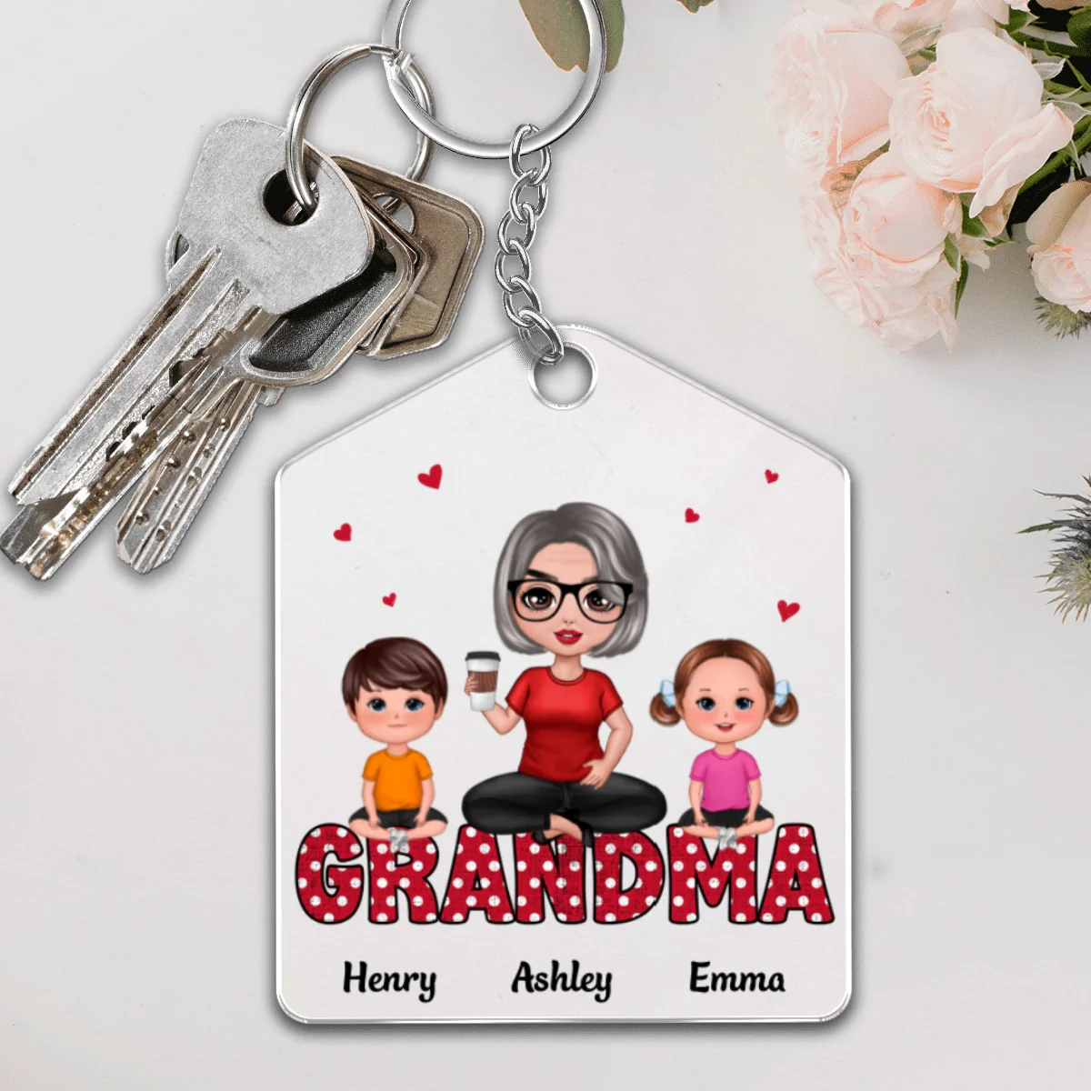 Grandma Polka Dot Pattern Doll Woman & Kids Sitting On Word Personalized Acrylic Keychain - Image 4