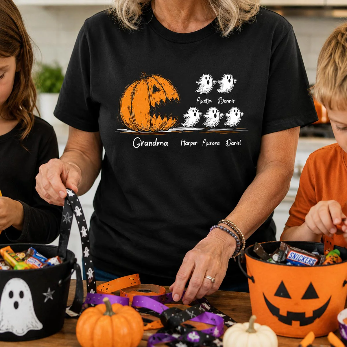 Grandma Pumpkin Chasing Kids Ghosts - Personalized Shirt - Halloween Shirt - Image 3