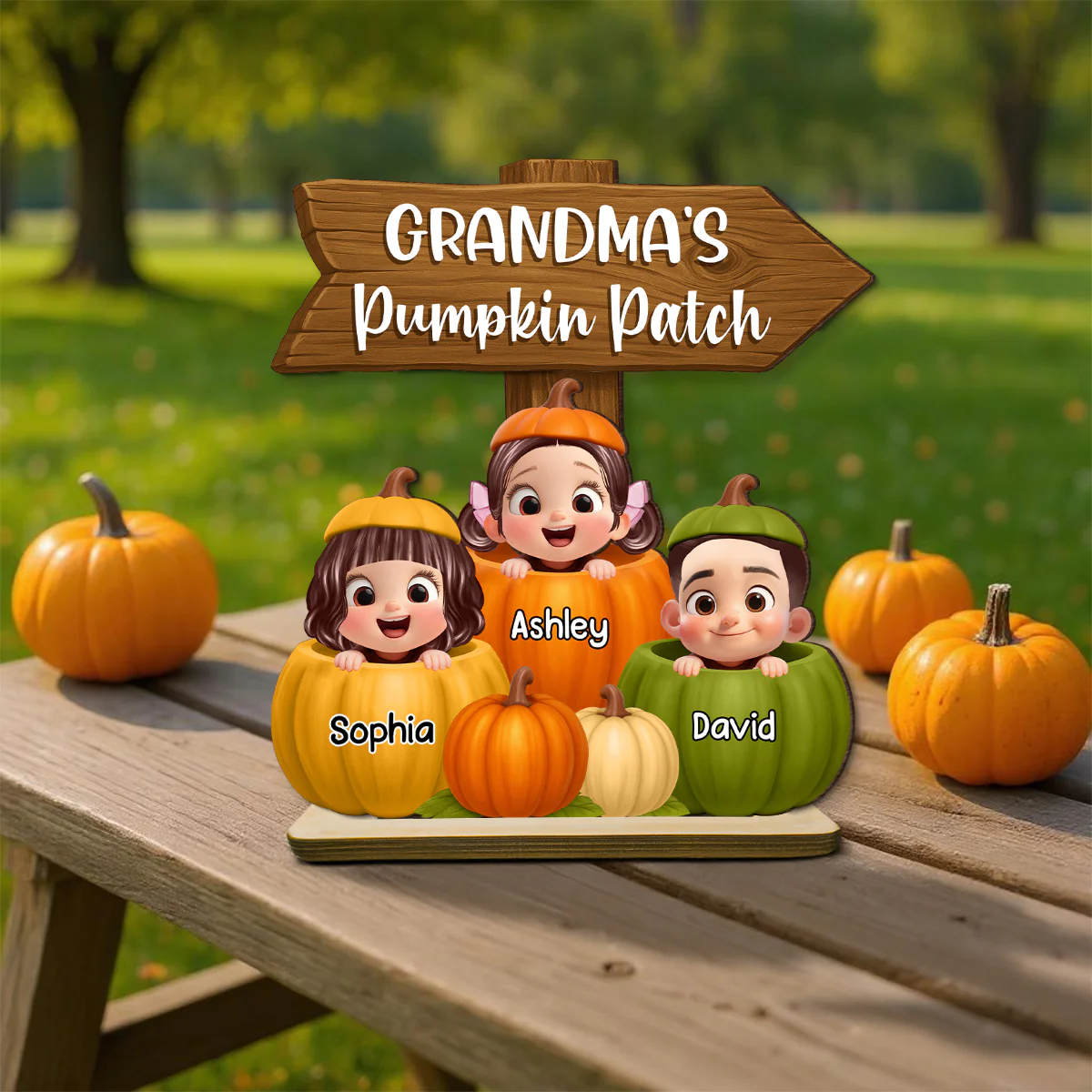 Grandma Pumpkin Patch Cute Grandkids Direction Sign 3D Effect Personalized Standing Wooden Plaque