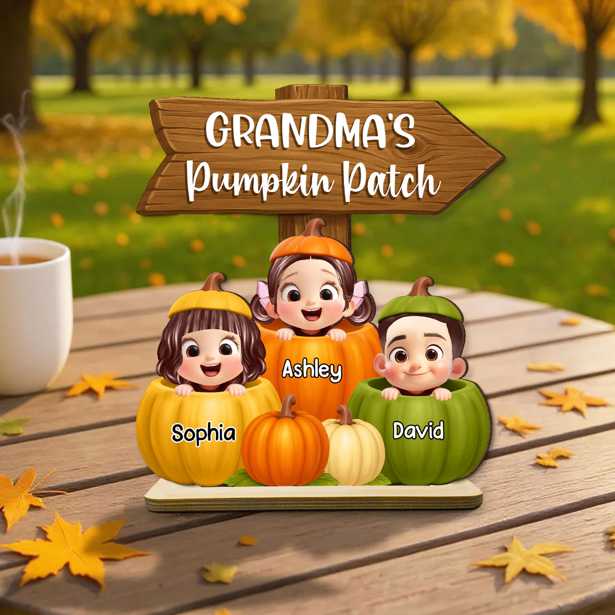 Grandma Pumpkin Patch Cute Grandkids Direction Sign 3D Effect Personalized Standing Wooden Plaque - Image 2