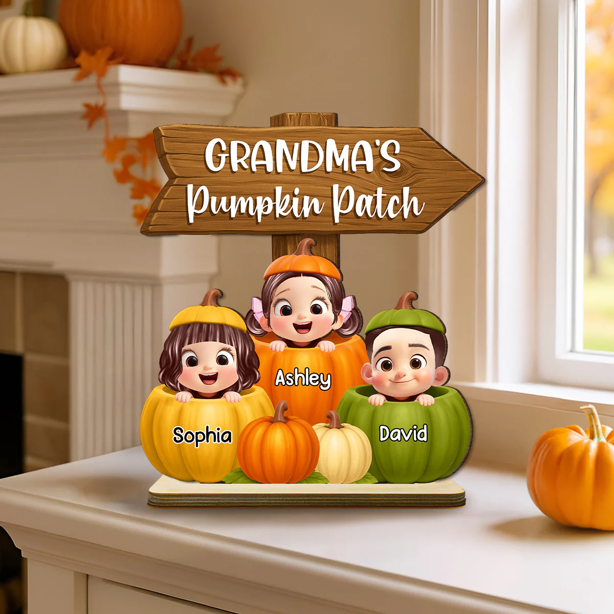 Grandma Pumpkin Patch Cute Grandkids Direction Sign 3D Effect Personalized Standing Wooden Plaque - Image 3