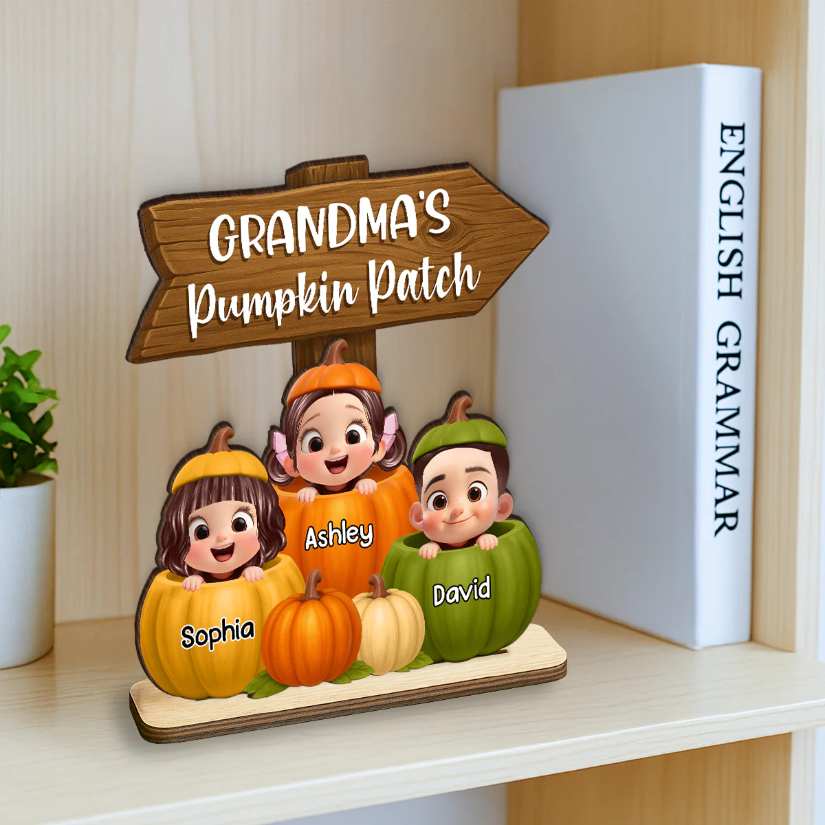 Grandma Pumpkin Patch Cute Grandkids Direction Sign 3D Effect Personalized Standing Wooden Plaque - Image 4
