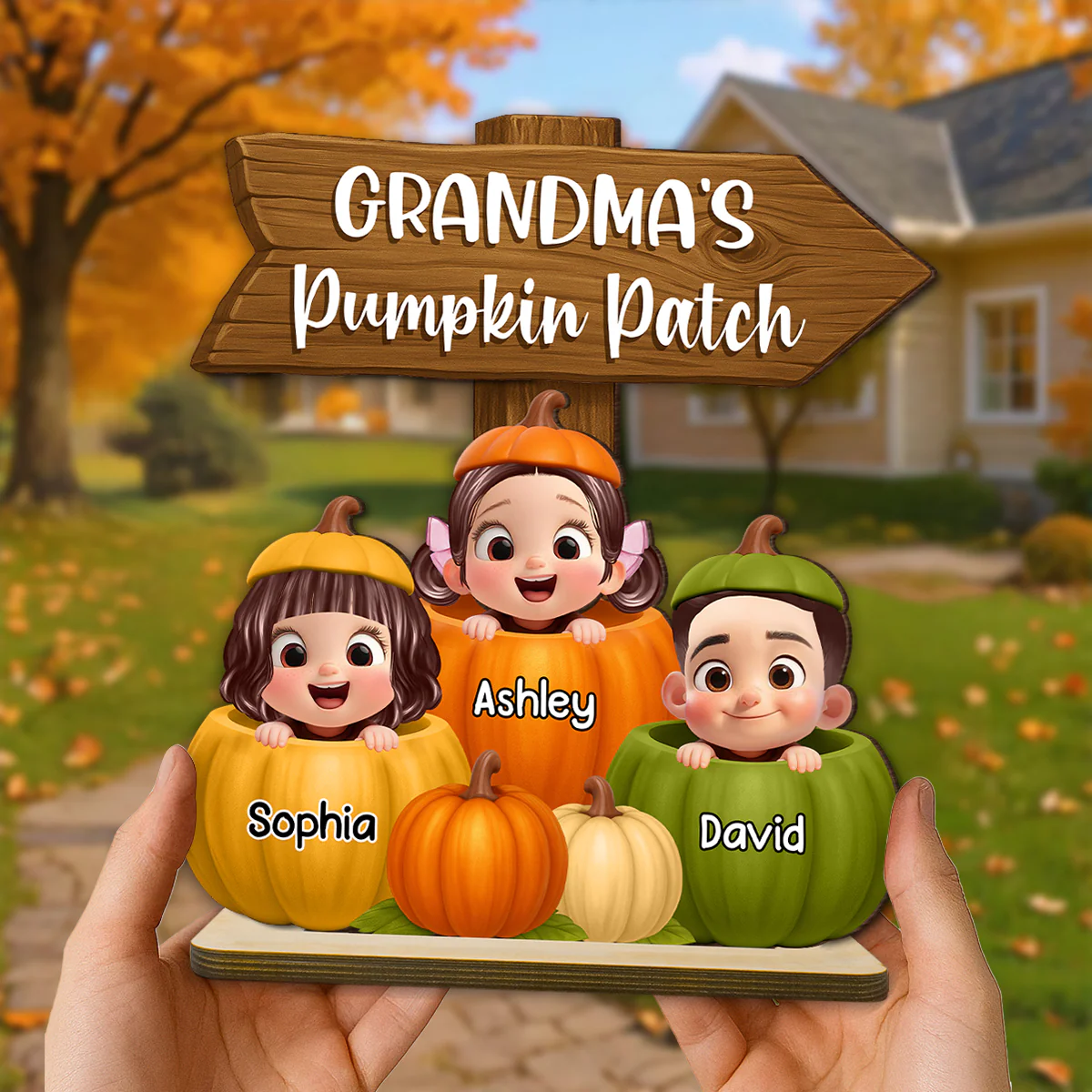 Grandma Pumpkin Patch Cute Grandkids Direction Sign 3D Effect Personalized Standing Wooden Plaque - Image 5