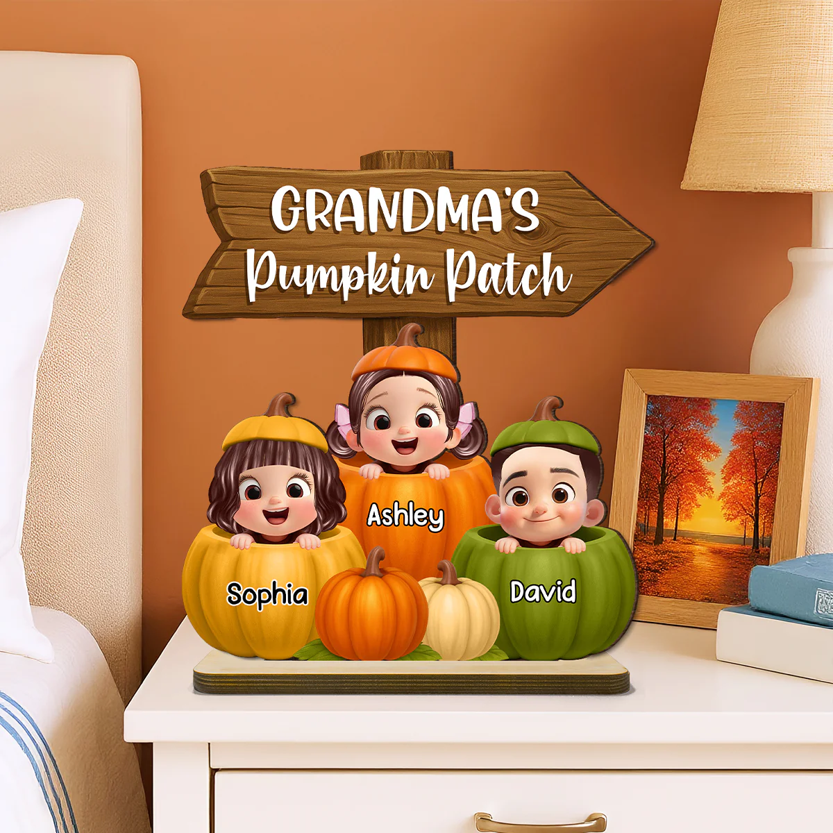 Grandma Pumpkin Patch Cute Grandkids Direction Sign 3D Effect Personalized Standing Wooden Plaque - Image 6