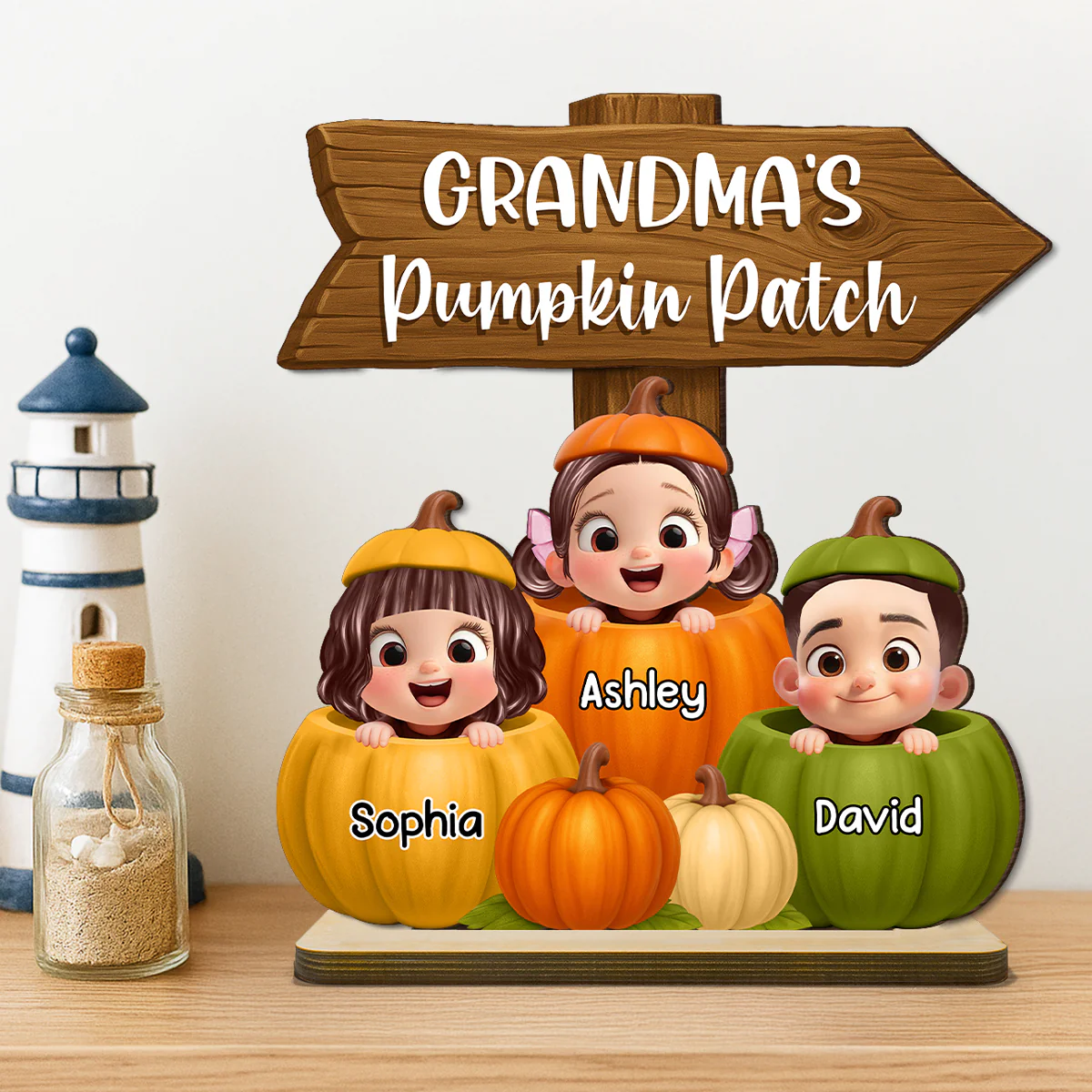 Grandma Pumpkin Patch Cute Grandkids Direction Sign 3D Effect Personalized Standing Wooden Plaque - Image 7