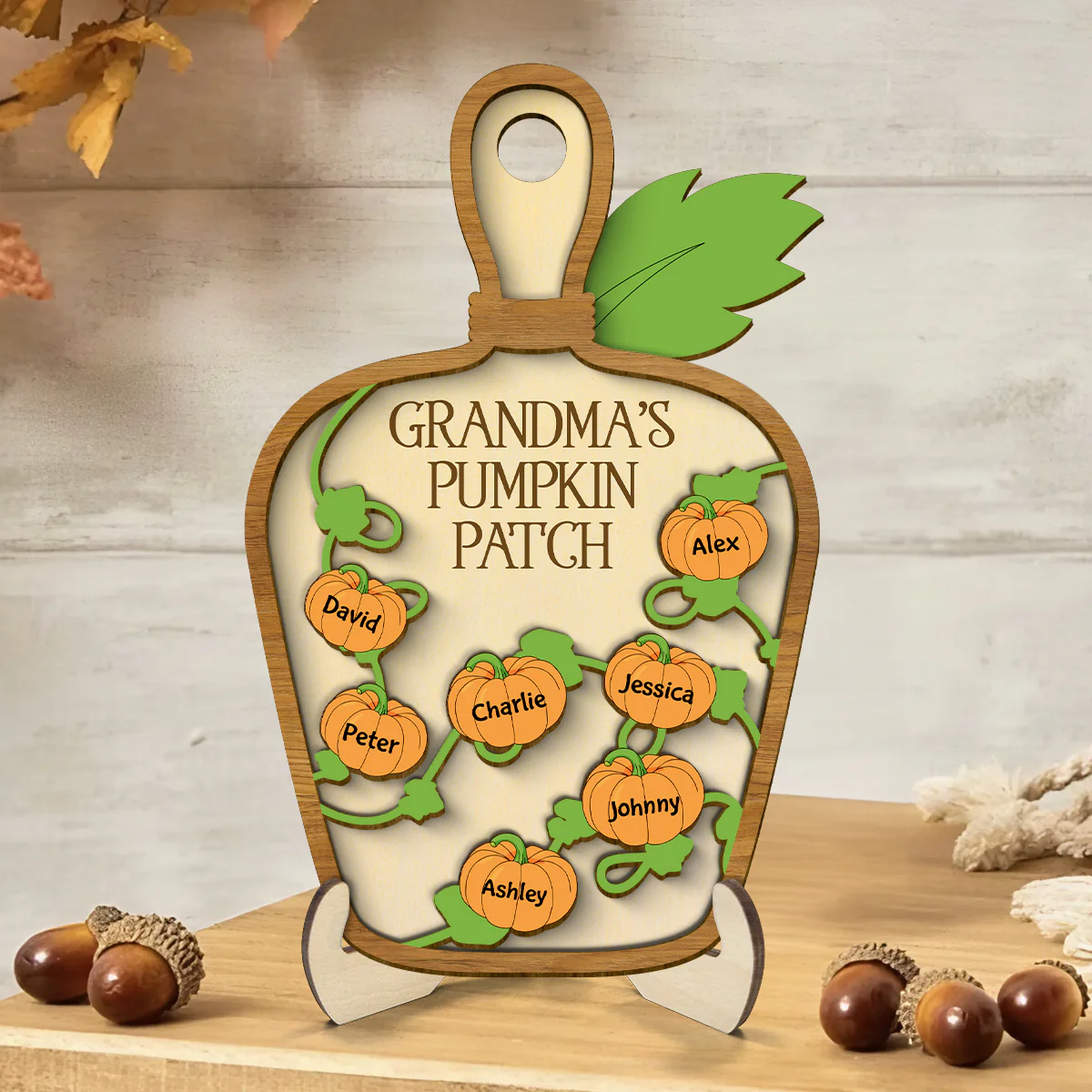 Grandma Pumpkin Patch Cutting Board Personalized 2-Layer Wooden Plaque, Fall Season Decor