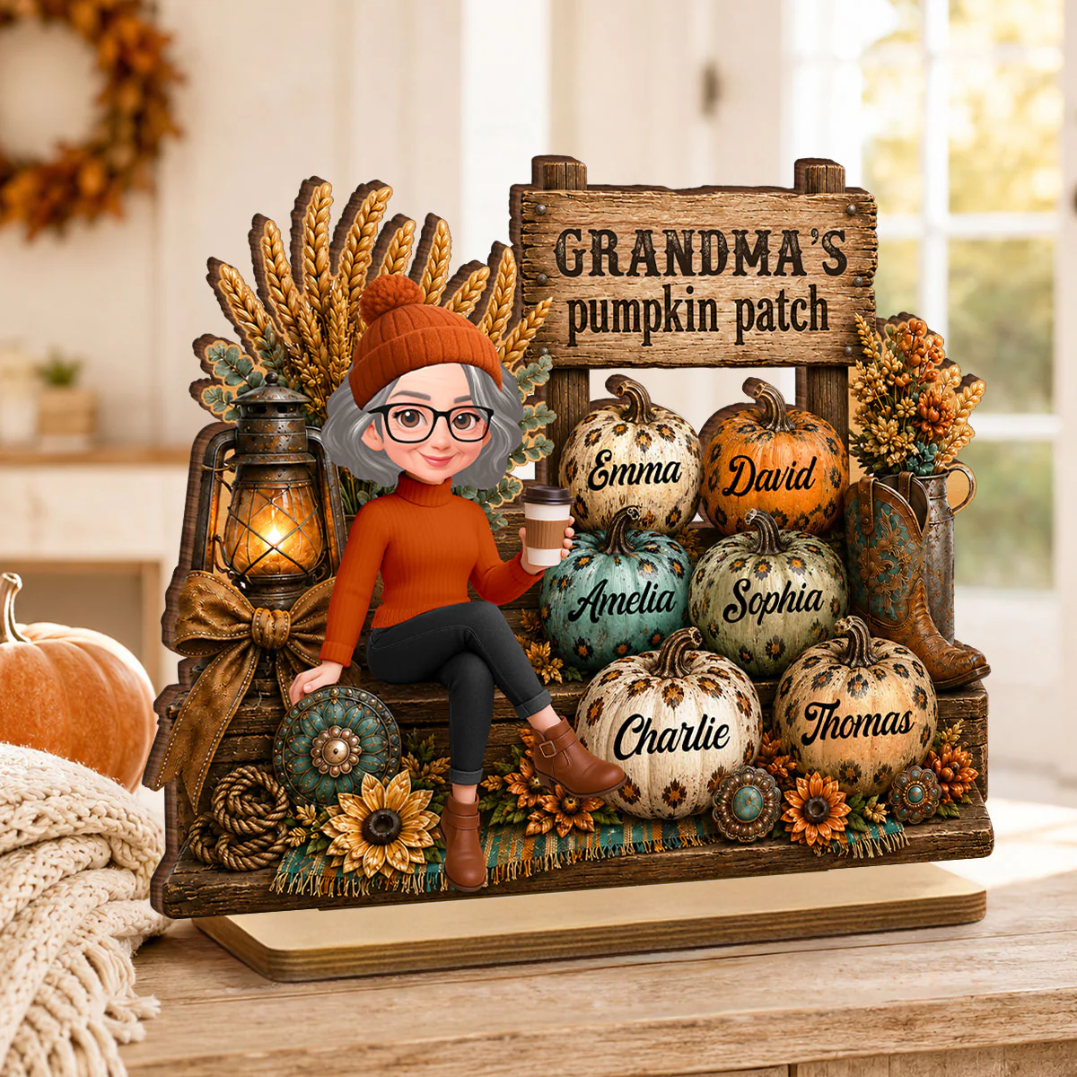 Grandma Pumpkin Patch Western Fall Vibe - Personalized 2-Layered Wooden Plaque - Fall Gift for Grandma - Image 5