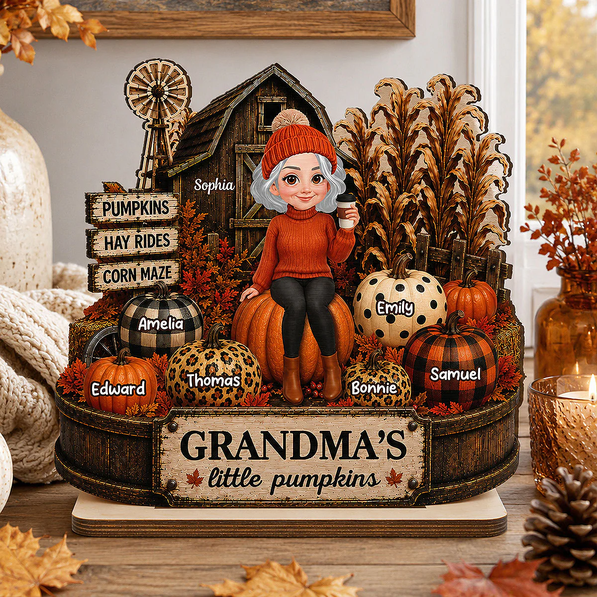 Grandma Pumpkins Hay Rides Corn Maze 2D Flate - Personalized Wooden Plaque