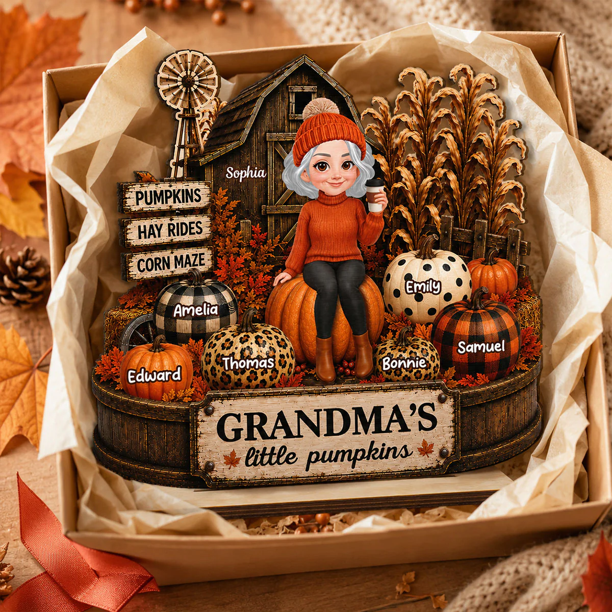 Grandma Pumpkins Hay Rides Corn Maze 2D Flate - Personalized Wooden Plaque - Image 3