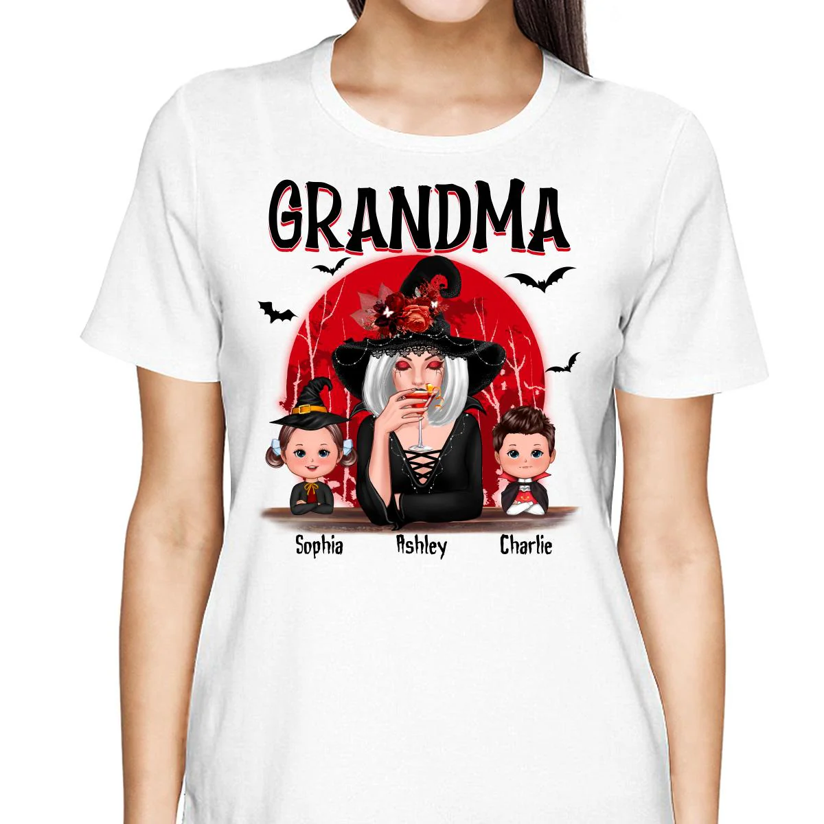Grandma Red Moon Halloween Woman Grandkids Personalized Shirt - Image 2