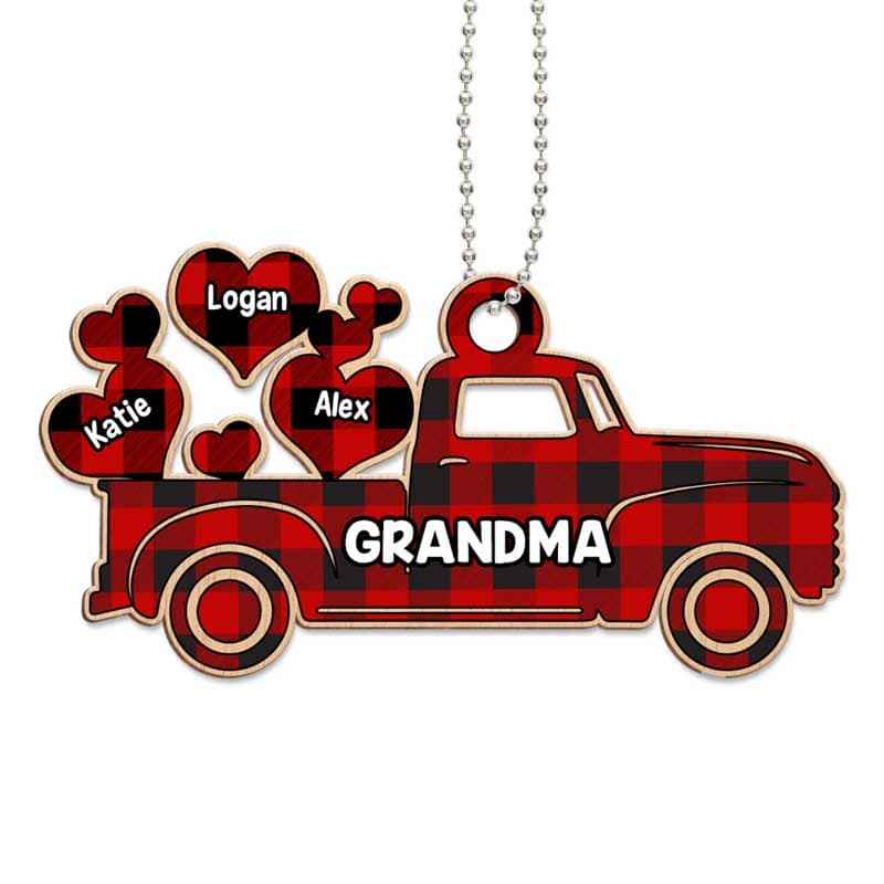 Grandma Red Truck Grandkids Sweetheart Christmas Personalized Wooden Ornament