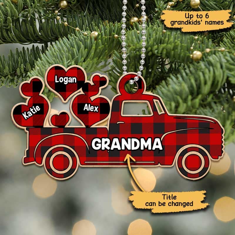 Grandma Red Truck Grandkids Sweetheart Christmas Personalized Wooden Ornament - Image 3