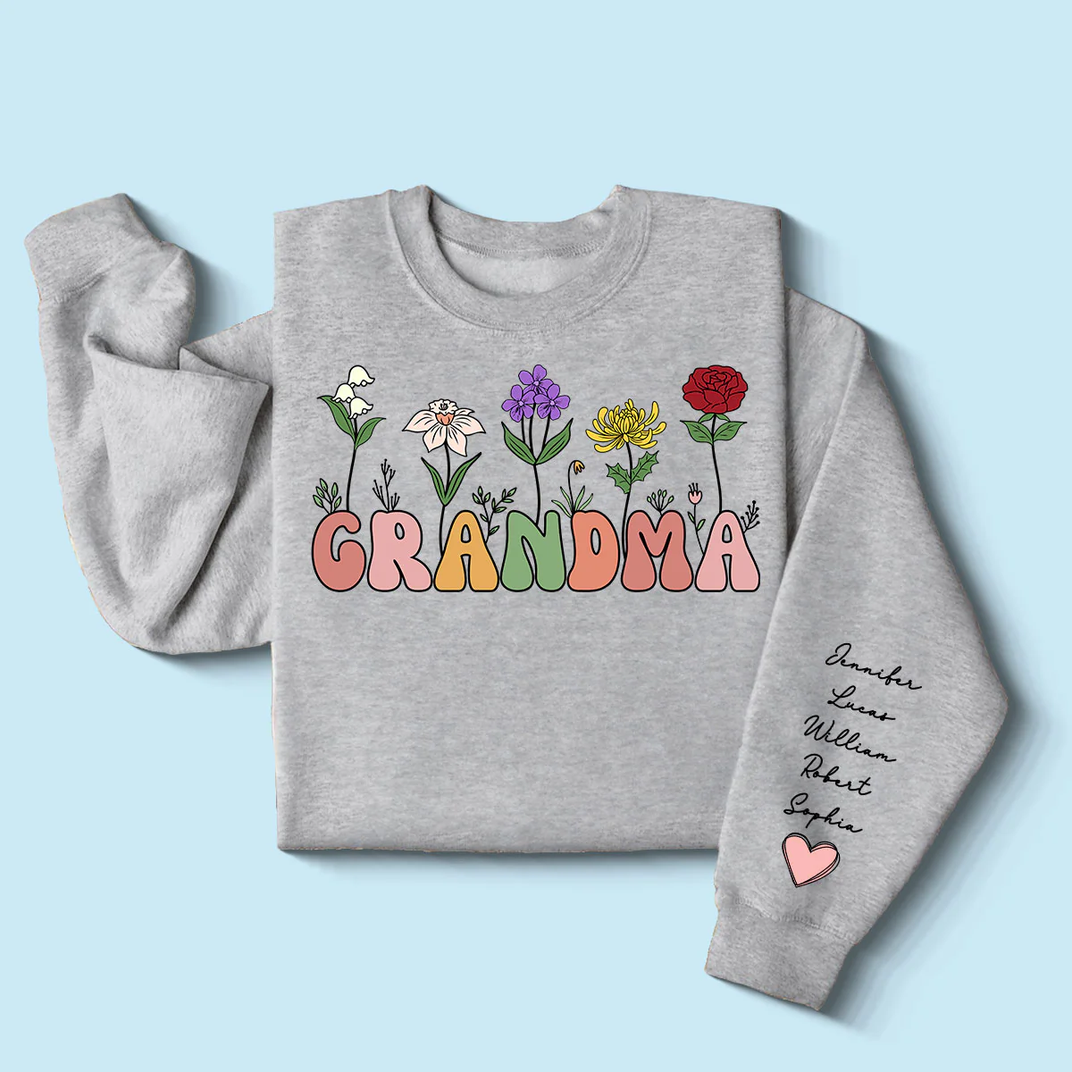 Grandma Retro Birth Month Flower Gift Personalized Sleeve Printed Sweatshirt - Image 2