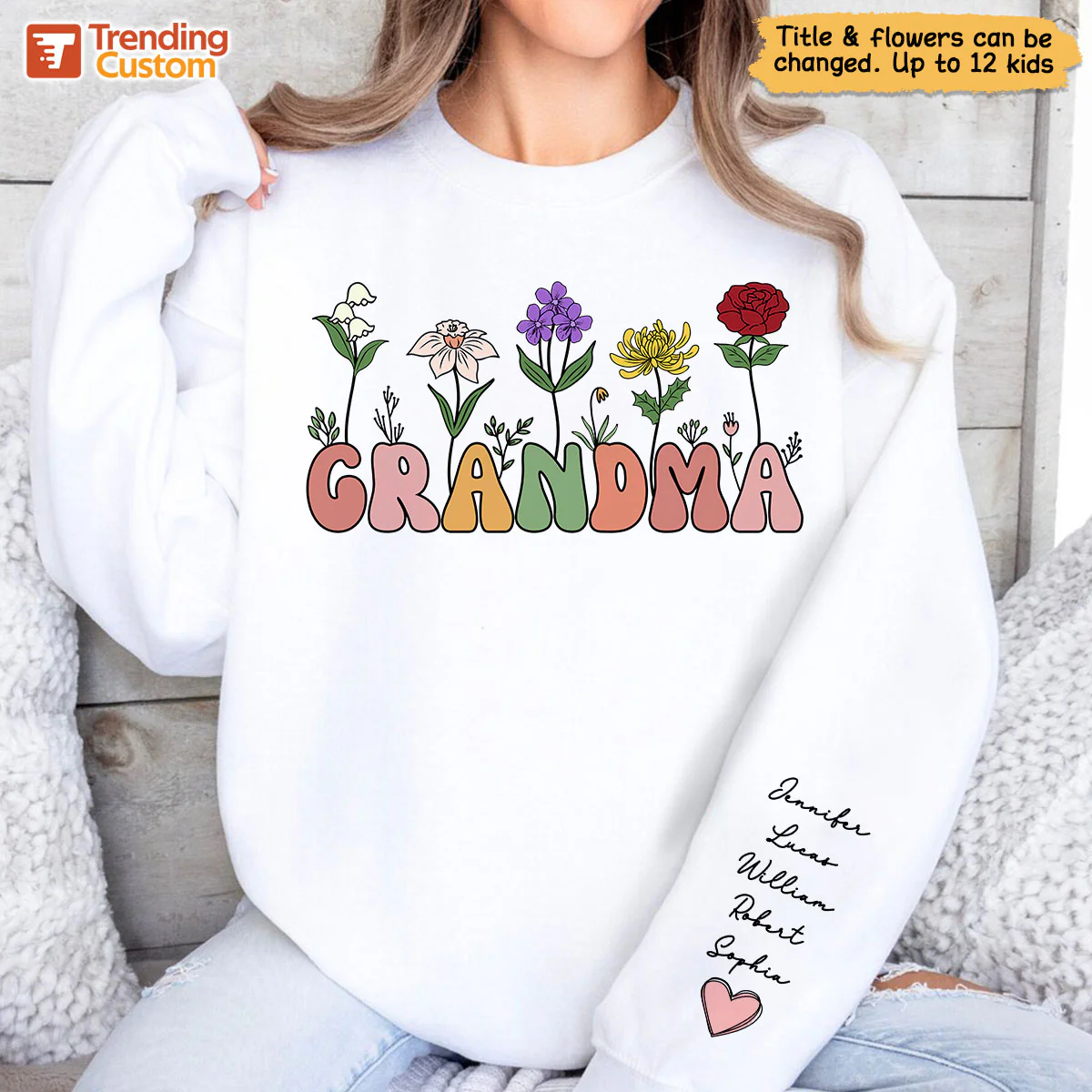 Grandma Retro Birth Month Flower Gift Personalized Sleeve Printed Sweatshirt - Image 6