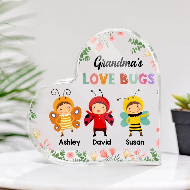 Grandma‘s Love Bugs Mother’s Day Gift Personalized Acrylic Heart Plaque - Image 3