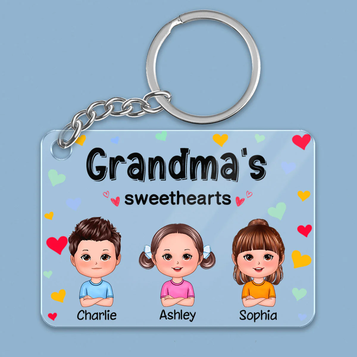 Grandma‘s Sweethearts Cute Doll Kids Colorful Hearts Personalized Acrylic Keychain - Image 2