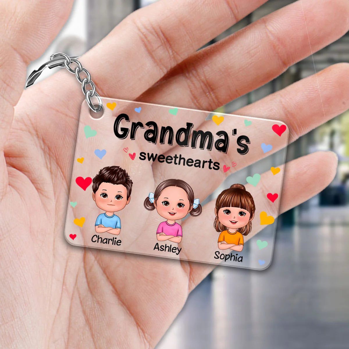 Grandma‘s Sweethearts Cute Doll Kids Colorful Hearts Personalized Acrylic Keychain - Image 5