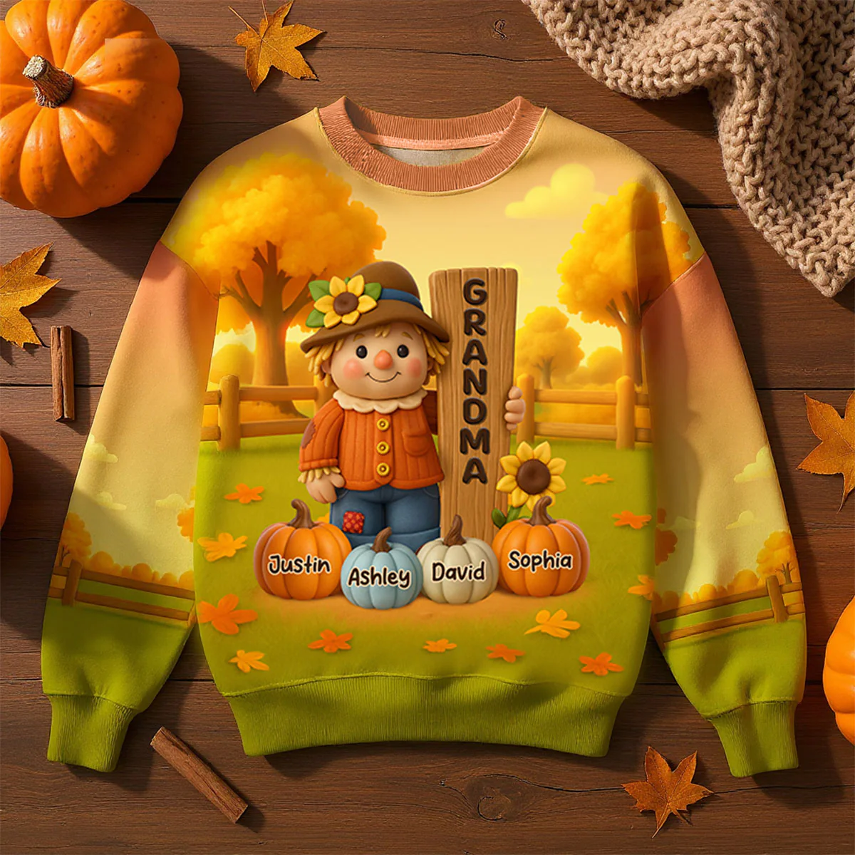 Grandma Scarecrow Standing Grandkids Pumpkins 3D Effect Personalized Sweatshirt - Image 2