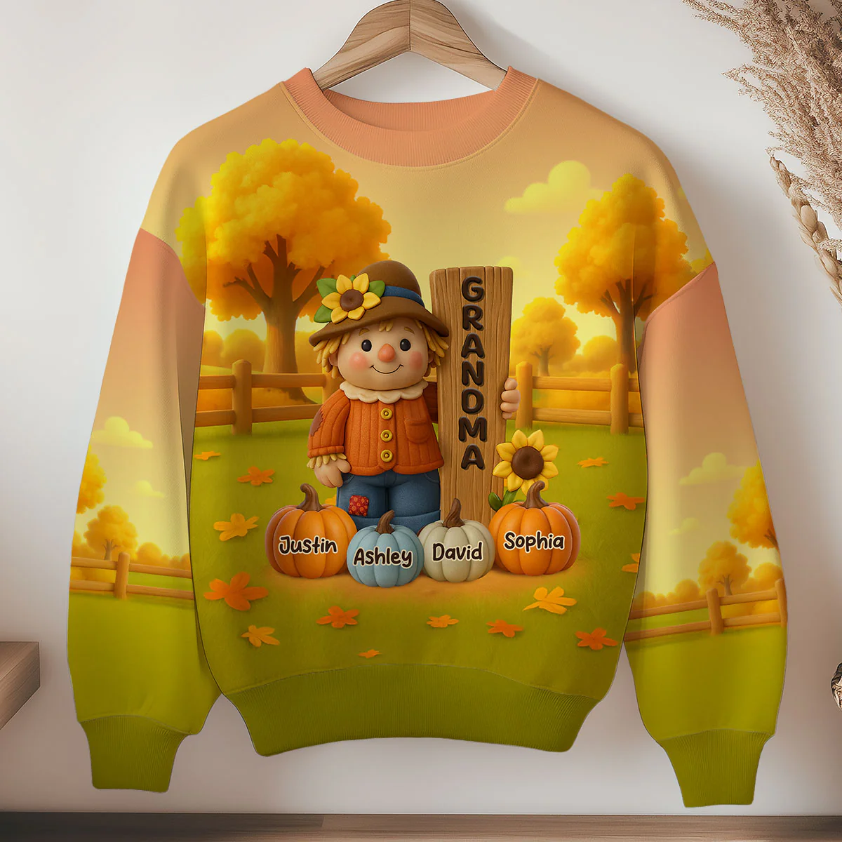 Grandma Scarecrow Standing Grandkids Pumpkins 3D Effect Personalized Sweatshirt - Image 3