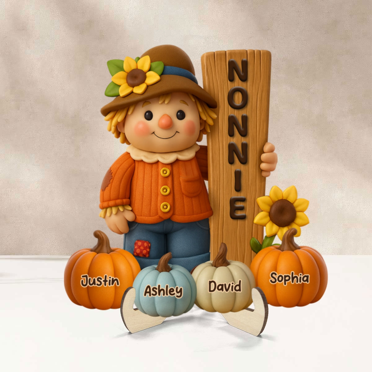 Grandma Scarecrow Standing Grandkids Pumpkins 3D Effect Personalized 2-Layer Wooden Plaque - Image 11