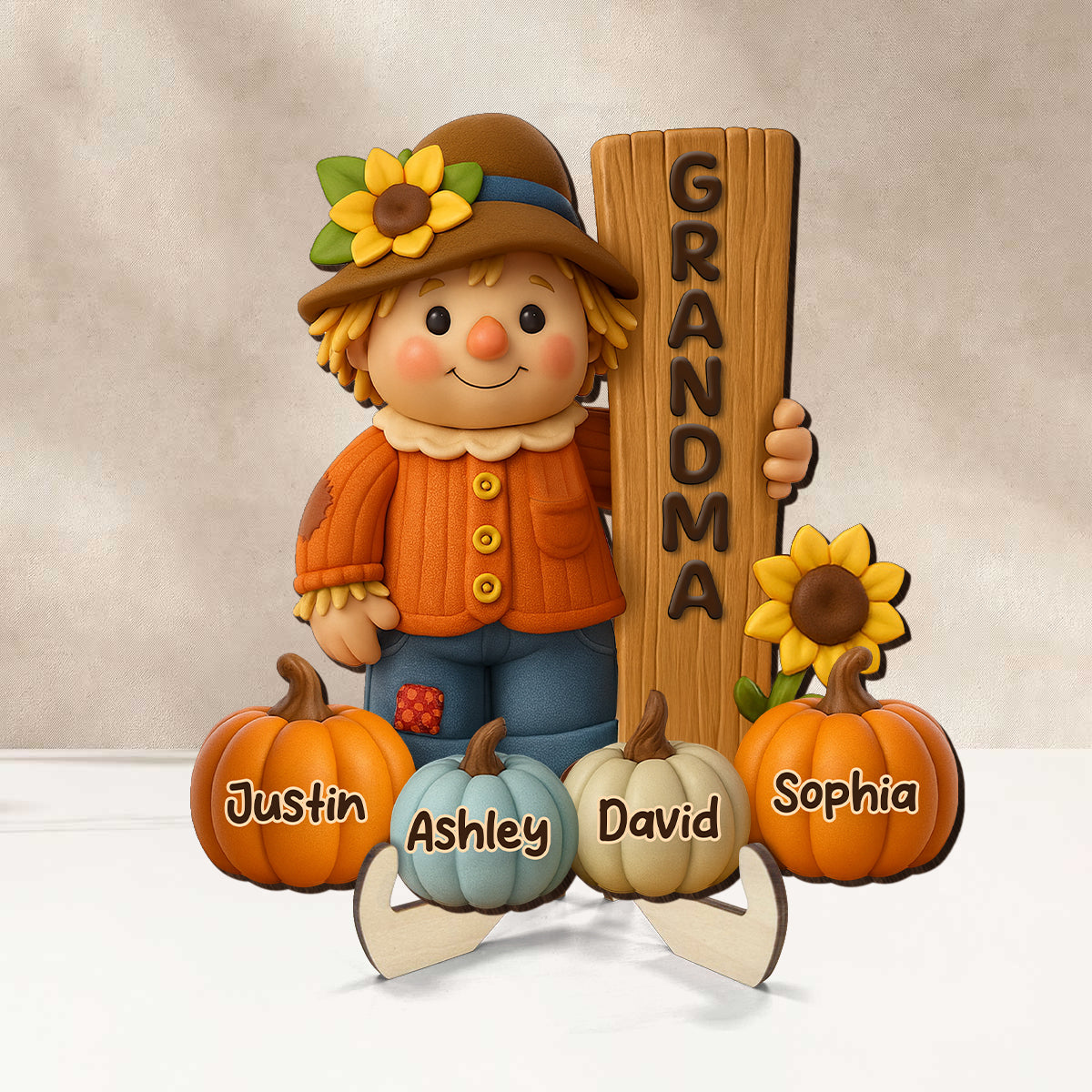 Grandma Scarecrow Standing Grandkids Pumpkins 3D Effect Personalized 2-Layer Wooden Plaque - Image 4