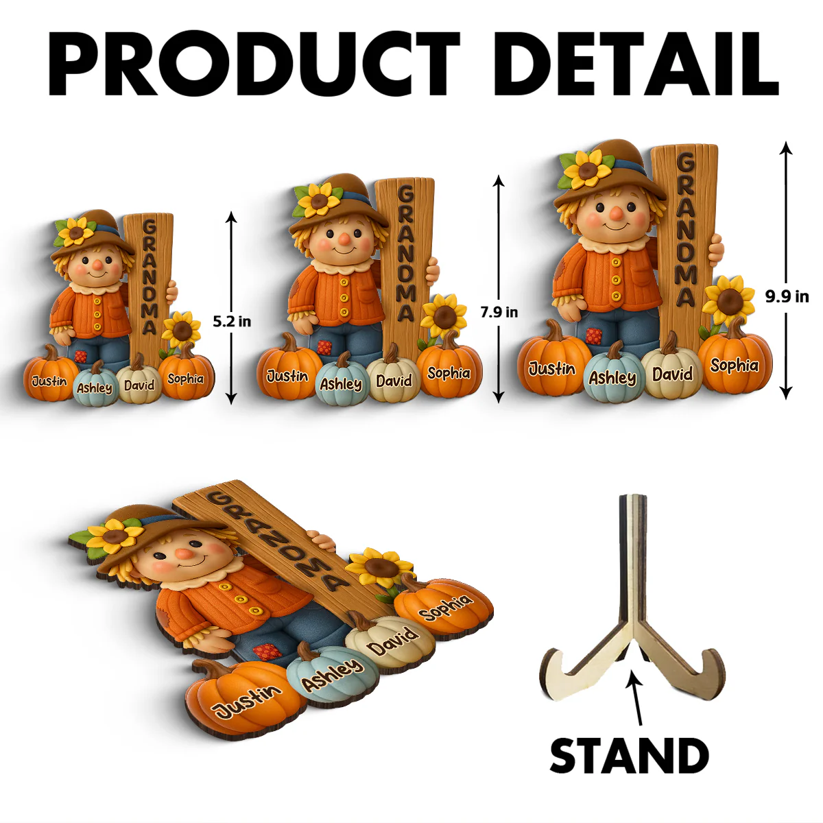 Grandma Scarecrow Standing Grandkids Pumpkins 3D Effect Personalized 2-Layer Wooden Plaque - Image 9