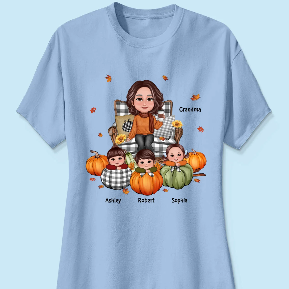 Grandma Sitting On Chair Kids Pumpkin Personalized Shirt, Fall Season Gift For Grandma - Image 24