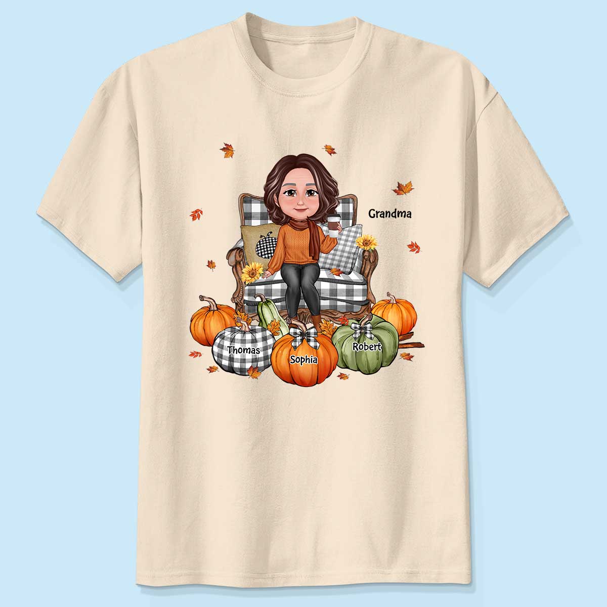 Grandma Sitting On Chair Pumpkins Personalized Shirt