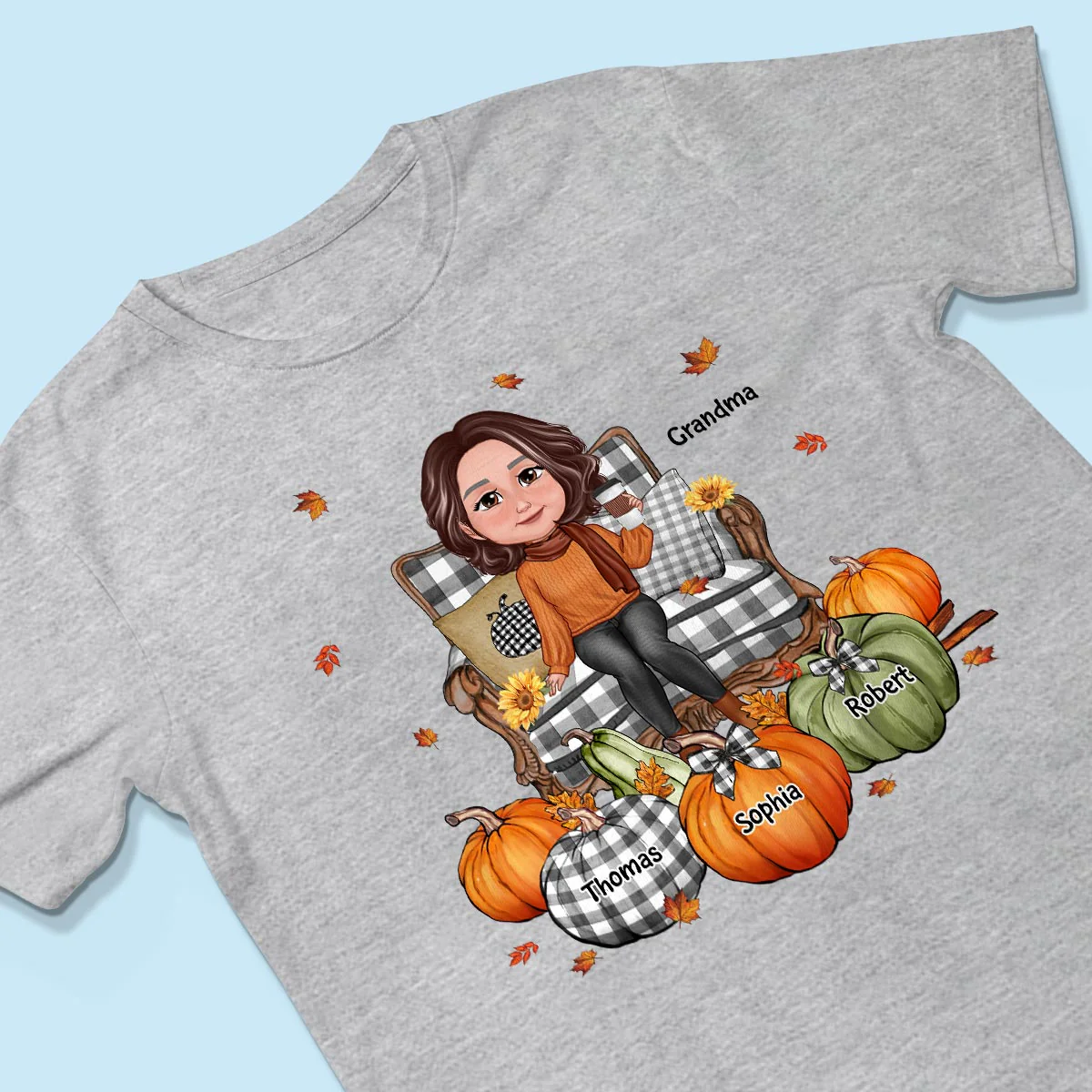 Grandma Sitting On Chair Pumpkins Personalized Shirt - Image 3