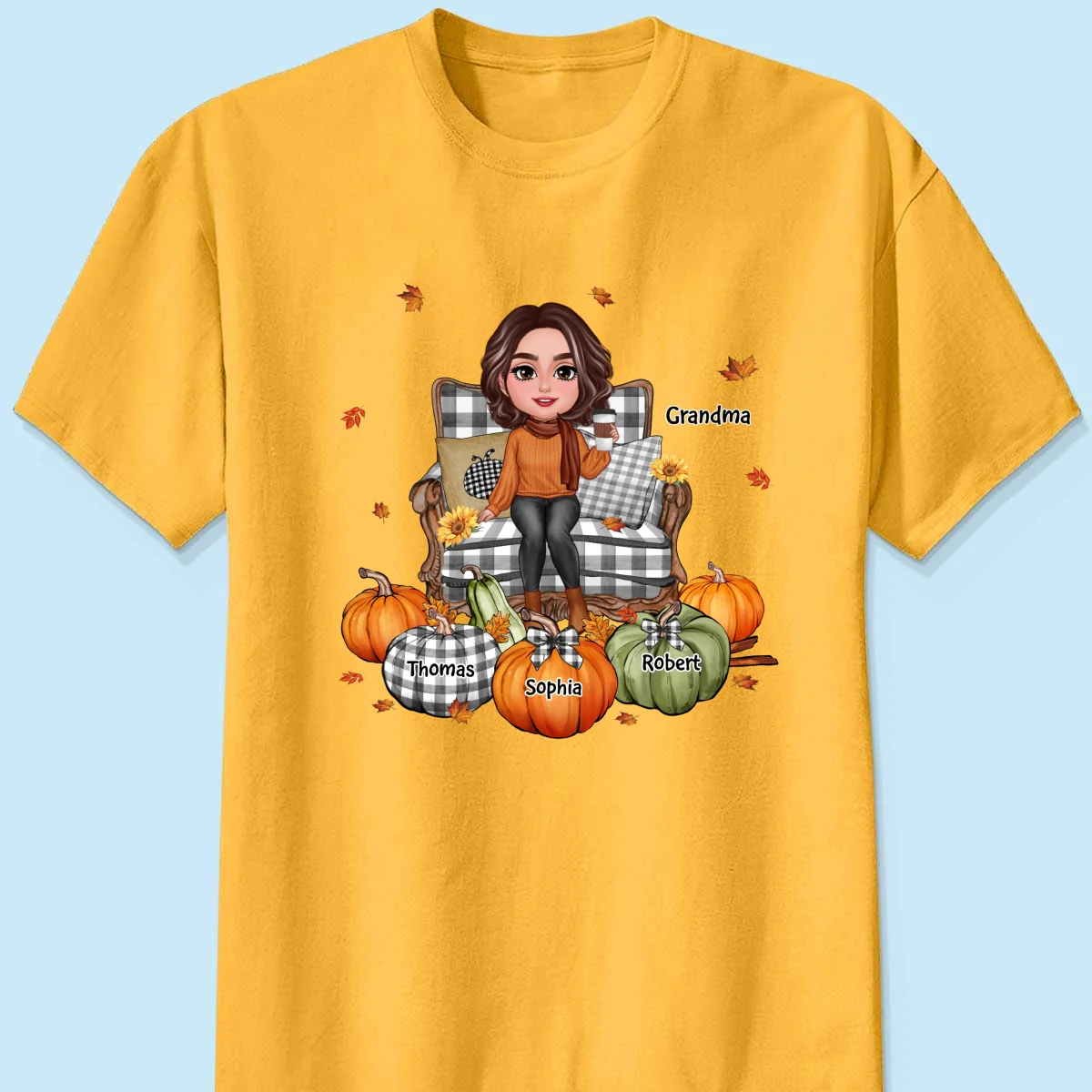 Grandma Sitting On Chair Pumpkins Personalized Shirt - Image 5
