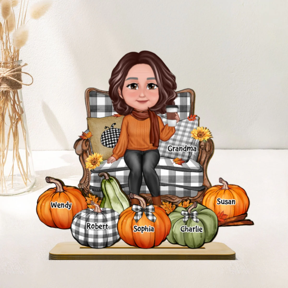 Grandma Sitting On Chair Pumpkins Personalized 2-Layer Standing Wooden Plaque, Fall Season Decor - Image 8