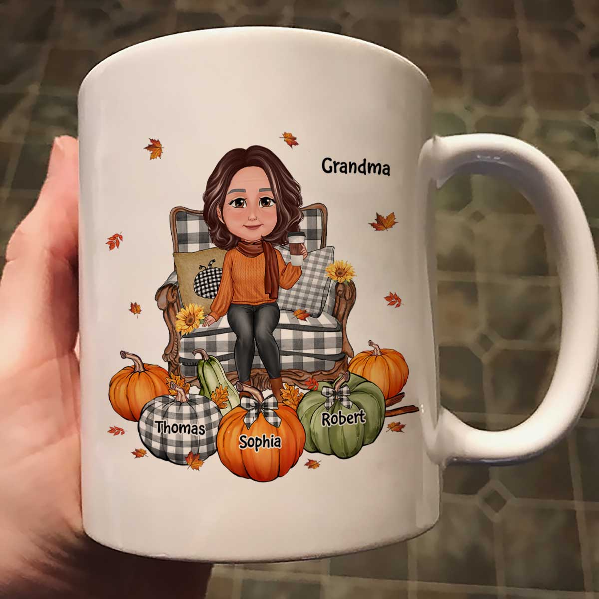 Grandma Sitting On Chair Pumpkins Personalized Mug - Image 2