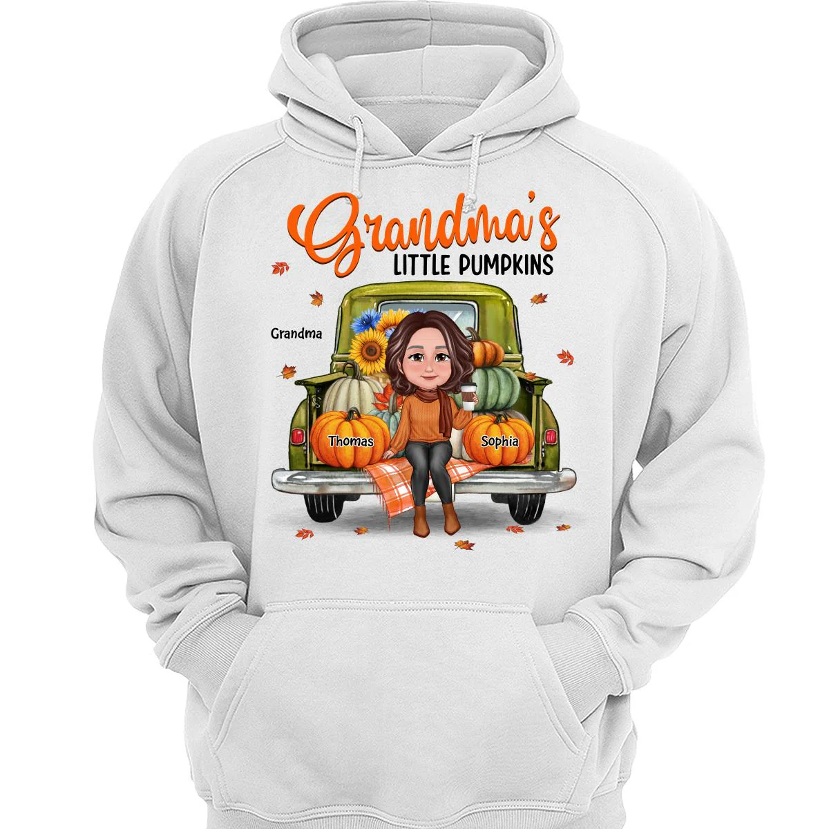 Grandma Sitting On Green Truck Pumpkins Fall Season Personalized Shirt - Image 3