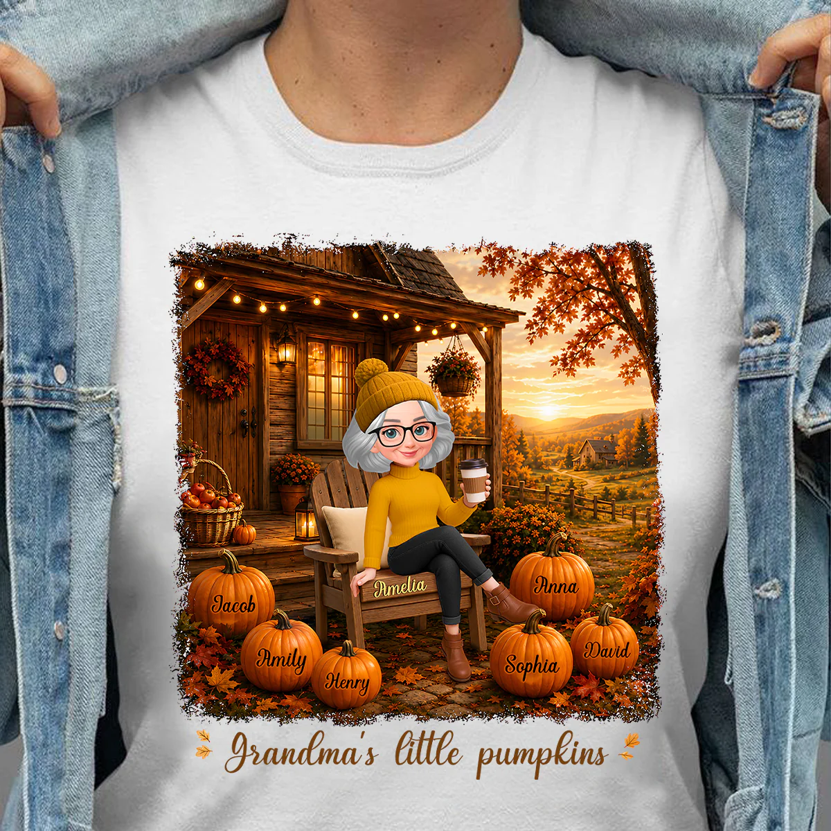 Grandma Sitting On Porch Grandkids - Personalized Shirt - Fall Season Gift, Gift For Grandma - Image 2