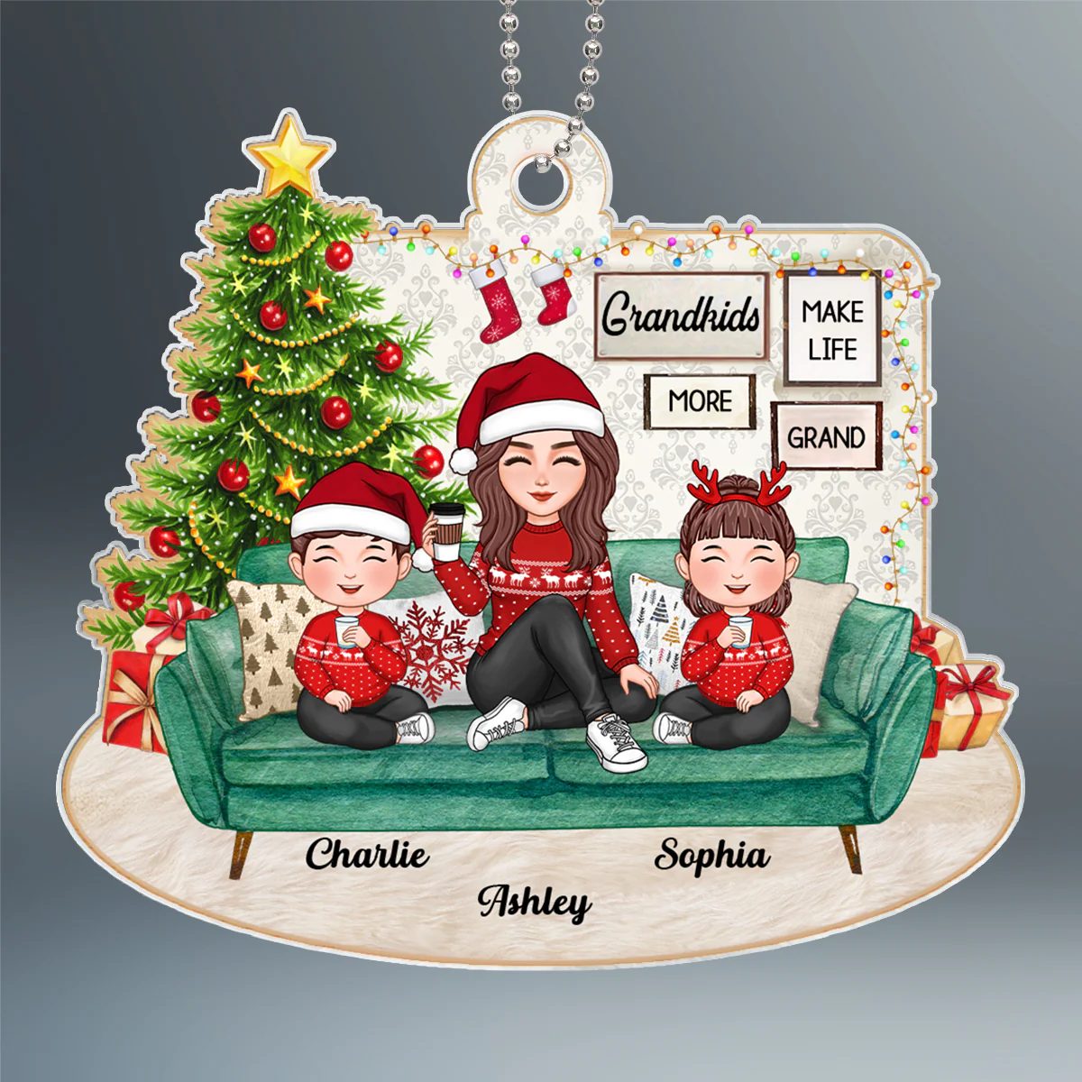 Grandma Sitting With Grandkids On Sofa Personalized Acrylic Ornament - Image 2