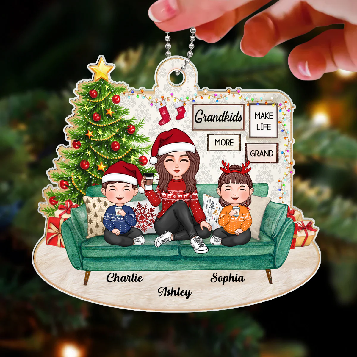 Grandma Sitting With Grandkids On Sofa Personalized Acrylic Ornament - Image 3
