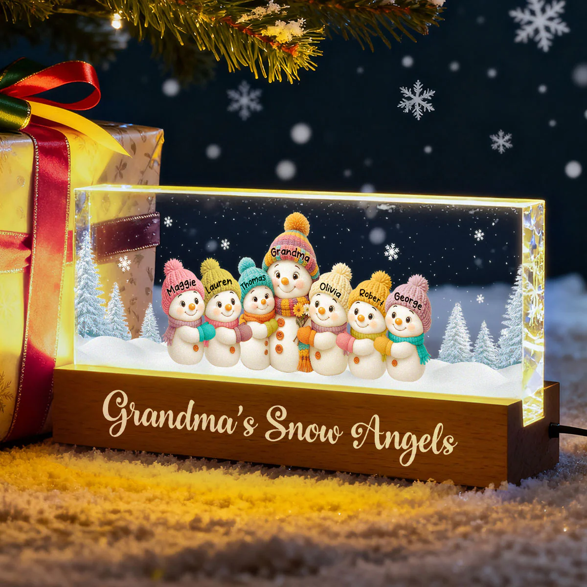 Grandma Snow Angels Snowman - Personalized Block LED Night Light - Christmas Gift for Grandmas - Image 4