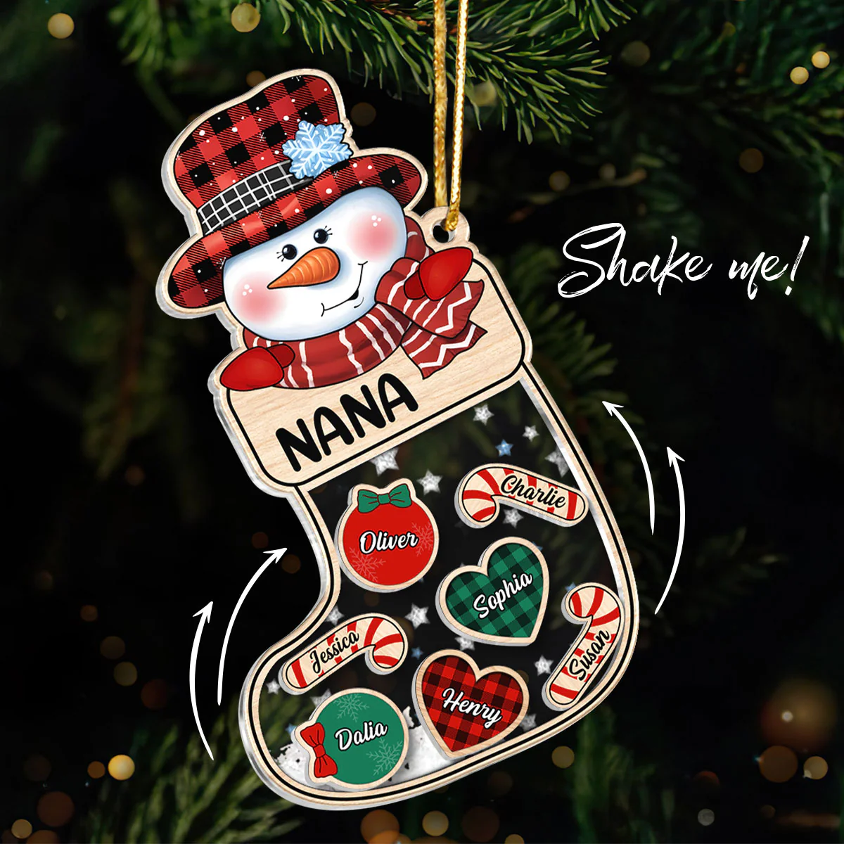Grandma Snowman Kids In Christmas Socks Personalized Shaker Ornament